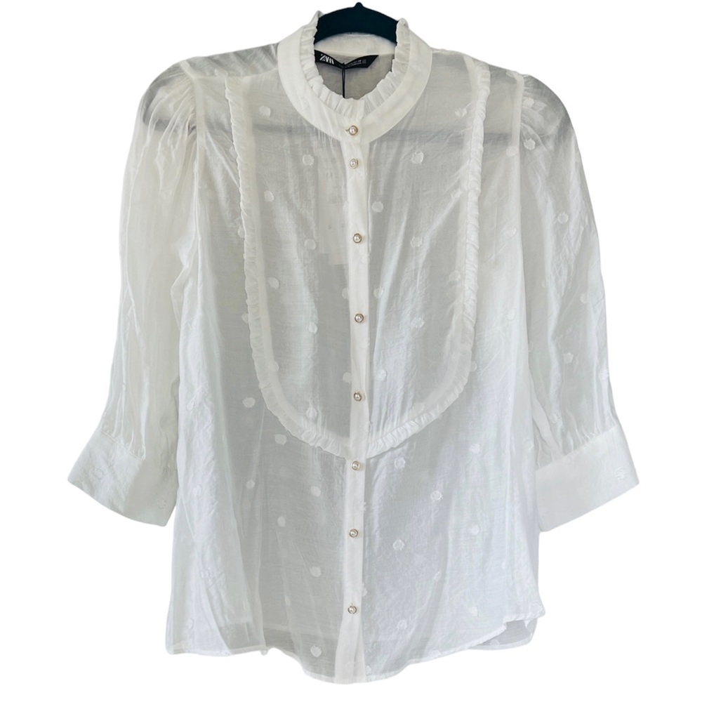 ZARA Sheer Bib-Front Ruffle Collar Blouse with Pearl Buttons NWT